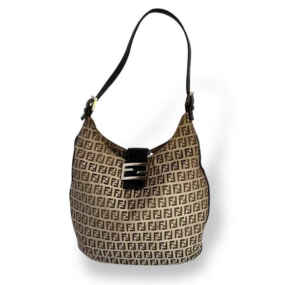 Fendi Handbags - Fendi Tan and Brown Zucca Canvas Shoulder Hobo Tote Bag
